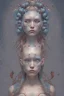 Placeholder: head and shoulders portrait of a woman with planets on her head, long blue hair, face paint, jester hat, Takato Yamamoto artist, Akiya Kageichi artist, Jedediah Berry inspired, 8k resolution concept art portrait, dynamic lighting, hyperdetailed, intricately detailed, maximalist, beautiful, peaceful