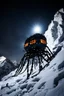 Placeholder: silhouette of a eight legs machine scaling a very steep snow covered side of mout everest at night, it has storage pods on its belly and humans can fit in the pods