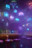 Placeholder: android dog and robots in a cyberpunk bar, digital art style. fantasy, volumetric lighting, particales,highly detailed wide shot, cinamatic, Zack Snyder stlye, colourful, with bartender