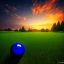 Placeholder: blue transparent sphere on the left, green meadow, sunset, photorealistic, 8k