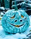 Placeholder: A cyan Jack-O-Lantern covered in snow designed in German folk art painted by Vincent van Gogh