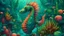 Placeholder: The image features a sea horse surrounded by vibrant coral reefs and various sea creatures in an intricate illustration style. The sea horse is detailed with delicate patterns and intricate textures, blending seamlessly with the underwater environment. The background is filled with colorful coral formations, swaying seaweed, and schools of fish, creating a lively and dynamic scene. The lighting is dappled and ethereal, filtering through the water to illuminate the scene with a soft, dreamy quali