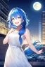 Placeholder: girl, masterpiece, best quality, cinematic lighting, detailed outfit, vibrant colors, perfect eyes, blue hair, long hair, white eyes, low tied hair, messy hair, white dress, night sky, rooftop, town, sparkle, laughing, moon,