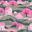 Placeholder: a house on a hill with a pink lush tree