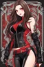 Placeholder: a full-body shot of a woman with long brown hair parted in the middle, red eyes, with a 'bad girl' vibe striking a confident pose, wearing black and red leather, ((Chibi anime doll style)), intricately detailed, splash art background