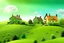 Placeholder: A realistic photo of 4 houses standing on a green hill . It's a sunny day and there are animals in the background