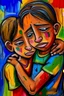 Placeholder: a girl hug her brother and both crying sadly, expressionism, Pixar style, in abstract art Basquiat, Picasso, Miro, Kandinsky, Klee, Birell, Fairey, Ardon, Buffet aand Picasso style, HD --s 750 --v 5.1 --style raw, water color