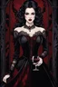 Placeholder: A captivating, high-resolution image of a stunningly elegant vampire woman exuding both beauty and danger. Dressed in exquisite black gothic clothing adorned with intricate details and black lace, on her dress red blood stains adding a dramatic effect. Her pale skin contrasts sharply with her dark attire, and her long, dark hair cascades down her shoulders. Holding a glass of red wine, she radiates an air of mystery. The background is dark and enigmatic, with soft, realistic lighting casting sha