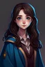 Placeholder: A cute girl with dark brown hair and blue eyes and she is wearing a Hogwarts robe