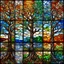 Placeholder: mesmerizing stained glass depicting a tree in four different seasons; summer - winter - spring- fall; mosaic with defined tile edges, ultra hd, realistic, vivid colors, best quality, fragile, dynamic, transparency, photorealistic