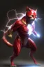 Placeholder: cat as flash, humanoid, 3d, full body, realistic, red lightning