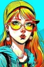 Placeholder: japan teenager girl with red hair wearing a sporty sweatshirt and baseball cap and sunglasses with red lenses, gabriel picolo comics, simple background, 80's,