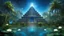 Placeholder: lost temple aztec of a magic lake full of lotus flowers and fairytale temple mayan in jungle palms the background with sparkling white stars tiny electric blue butterflies