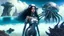 Placeholder: woman with dark hair in a silver robotic catsuit, standing on a futuristic alien beach with a crashed spaceship in the water, with mushrooms with octopus tentacles flying in the air