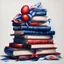 Placeholder: oil painting, in the style of Easter illustrations, midnight blue and red, stack of books with airbrush tape, white background only