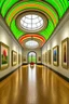 Placeholder: 3D-shot A hall for displaying art paintings in an oval shape, and there is an oval wall in the middle of the hall, and the paintings are hanging on the walls