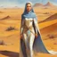 Placeholder: [art by Esteban Maroto] She stands amidst the arid desert, a young Bene Gesserit adorned in a remarkable Fremen stillsuit, a testament to her adaptability and survival instincts. The suit, intricately woven with a network of tubes, serves as her lifeline in this parched land. The stillsuit's muted colors blend seamlessly with the desert landscape, allowing her to move unnoticed, a ghost in the sand. Its design, passed down through generations of Fremen