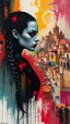 Placeholder: full body, wildly stylized abstract realist painting of a bold, audacious female vampire with highly detailed long dark braided hair and facial features and glowing eyes in the style of Jeremy Mann, her silhouette residing amidst bold, attention-grabbing abstract design that's defined by a wash of vibrant, highly saturated natural hues, juxtaposed against stark, surrealist medieval Spanish landscape of bustling colored cityscapes