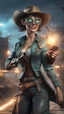 Placeholder: flashy magazine cover illustration, fallout 4 docks setting, horror weird cowboy wizard cyberpunk weasel in female garments,spinning revolver, getting hit by lightening electric arc, with big disturbed eyes,bokeh like f/0.8, tilt-shift lens 8k, high detail, smooth render, down-light, unreal engine, prize winning