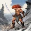 Placeholder: [art by Michael Kaluta] once a flourishing field, now reduced to burned ruins, fumes of death hung heavy in the air. Amidst the devastation, an enraged redhead Barbarian, a towering figure of wrath and fury, thundered across the desolate landscape. His eyes blazed with a primal rage as he sprinted towards a lone white paladin, clad in chrome steel plate armor, a beacon of light amidst the darkness. The Barbarian faces the paladin.