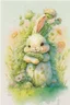 Placeholder: a cheerful cute furry fluffy chibi bunny holding a beautiful big carrot with the green on the green field with flowers S<AI by Jean-Baptiste Monge, watercolor and ink, intricate details, fantasy, beautiful, award winning, colorful, fantastic view, crisp quality, in sunshine