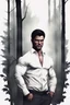 Placeholder: Ultra realistic photograph of muscular male in white button up shirt, dark hair cut short and stubble on chin, dark fantasy forest