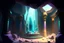 Placeholder: A huge stone monument is placed in the center of the cave room, many stone monuments of various shapes are placed around the monument, many doors are floating in the room, transparent various colored tubes are floating