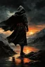 Placeholder: A formidable warrior-a 10-year-old boy in a black robe with a hood, on the background Amazing gloomy landscape, flooded with sunset, mountains, trees, fabulous scary hero, , juicy emotions, painting, dark fantasy, bad weather, gloomy day, dark world, by Raymond Swanland & Alyssa Monks & Anna Razumovskaya