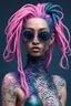 Placeholder: entire body mermaid cyberpunk some fish scales on face pink and indigo hair dreadlock sunglasses