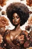 Placeholder: Create an watercolor image of a curvy black female wearing a brown off the shoudler blouse and she is looking down with Prominent makeup. Highly detailed tightly curly black afro. Background of large brown and black flowers surrounding her