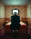 Placeholder: man with plastic bag over his head sits on the edge of a bed with his feet on the ground, facing camera, inside an old, 70s style motel room with tacky wall paper. he is wearing a black suit with a melincholy attitude. there is a box tv facing away from camera, illuminating his front. from this view, you cannot see the front of the tv. full room view, super wide shot, 24mm lens view, film syle.