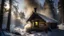 Placeholder: cabin in forest in winter light smoke from chimney