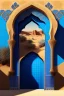 Placeholder: An open gothic_arab doorway in a tiled blue wall with a view of a desert landscape