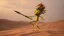 Placeholder: a funny crazy maniac little creature that dance in a desert, the creature is yellow and green, have big eyes and long legs, he likes to dance and jump with his spear, he ls little evil and likes to scream "Musta", and have a big mouth sharp teeth, small penis, tribal look, head dress with feathers