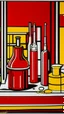 Placeholder: An orangish red laboratory with vials painted by Roy Lichtenstein