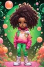 Placeholder: Create an colorful psychedelic comic book illustration of a chibi cartoon black female thick curvy wearing a cut of green and peach hoodie and white jeans and timberland boots. Prominent make up with long lashes and hazel eyes. Highly detailed shiny sister locs. Background of a large bubbles all around her