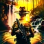 Placeholder: Double exposure shot of a forest ranger wearing an Australian hat and holding a shotgun against a background of a waterfall, forest and trunks floating in a river at sunset, 24K