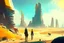 Placeholder: Sunny day, people near the, rocks seeing a distant modern city, sci-fi