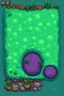 Placeholder: pixel art top down view planet surface in 2d game, detailed level, mint green terrain, violet earth with plants and rocks, multiple walkable layers