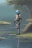 Placeholder: [Asimov's Foundation] A man in scifi outfit around a pond