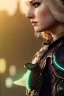 Placeholder: Druid character, young woman, cat ears, blonde hair, long hair, green eyes, scars on body, waist up portrait, 4k resolution, intricate details, ornate details, soft lighting, vibrant colors, retroanime, masterpiece, intricate eyeliner, dark eyeshadow, eyes, intricate tattoos, futuristic cityscape background