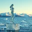 Placeholder: in a frozen sea with pretty mountains a full lady ice statue in artist pose standing over a ice block looking at camera, of clear glass like ice that going to melt and water drops fall from all body.