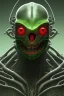 Placeholder: green alien, head, evil, red eyes, big silver teeth, weapons, blood, 8k, finely detailed, photo realistic, HR Giger style