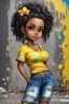 Placeholder: create a colorful abstract graffiti art image 8k of a chibi curvy black female wearing torn jeans pants and a yellow tie dye off the shoulder blouse. Prominent make up with hazel eyes. Highly detailed long tight curly PONYTAIL