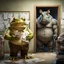 Placeholder: in front the camera be seen up to the waist a fat yellow-green color angry anthropomorphic frog in simple human cloths and take his hands many paper in office, on the wall hang an wall board with some written sheets of paper, behind in background an big strong anthropomorphic gray rhinoceros standing in blue jeans , t-shirt behind in halb open door , dark colors, detailed 3d, sci-fi, fantasy mood