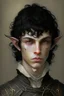 Placeholder: a teen elf, full lenght. he has curly, black hair and sharp cheekbones. His eyes are black. He wears fantasy medieval clothes. he is lean and tall, with pale skin.