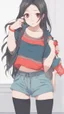 Placeholder: generate a full-length girl with gray-green sad eyes, with dark hair above the shoulders, a round face, not very plump lips, in a black T-shirt with a red print, short shorts, blue socks