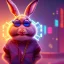 Placeholder: pixar style anamorphic cute rabbit baby, smiling, cyberpunk headphone, sunglass, gangsta gold neckless, full body, magenta puffer jacket, manila city backdrop, dramatic lighting, hyper realistic, unreal engine 5, 16k