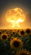 Placeholder: A field of random sunflowers with bright lighting , at the end of the picture is a dark background a huge nuke explosion