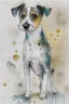 Placeholder: Abstract wet watercolour of a rough coated jack Russell, ink lines, interlinked circles, detailed,focus on eyes, watercolour paper